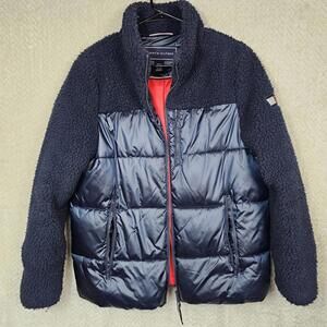 Tommy Hilfiger Womens Sherpa Puffer Navy Logo Full Zip Size Medium Blended Mater